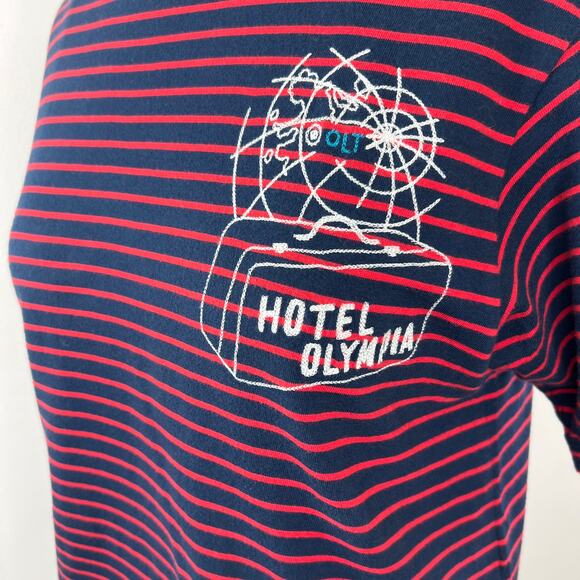 UNIQLO UT Red Navy Blue Stripe Short Sleeve Crewneck Hotel Olympia Tee Size S - Picture 2 of 5